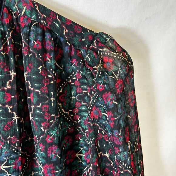 Loft Green Red Blue Floral Chiffon Velvet Trim V-Neck Sheer LS Blouse Size XXL - Picture 5 of 15